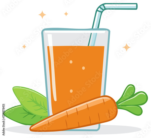 Vibrant orange carrot juice with straw in glass with leaves and whole carrot for healthy lifestyle and nutrition