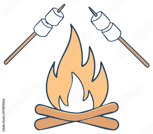 Campfire with marshmallows on sticks roasting over the flames, outdoor summer fun