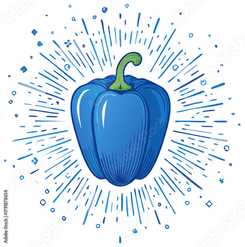 Hand Drawn Blue Pepper Icon with Radiating Lines, Fresh Market Illustration