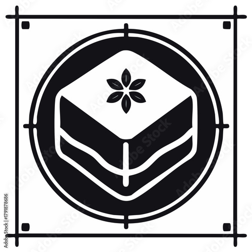 Geometric food illustration with a decorative floral element inside a circle and a targeting design