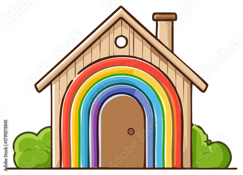 Whimsical wooden house illustration featuring a colorful rainbow entrance and cheerful green shrubs