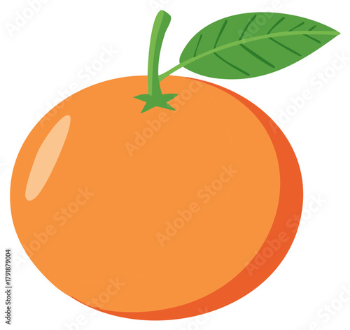 Vibrant orange fruit illustration featuring a green stem and single leaf representing healthy citrus