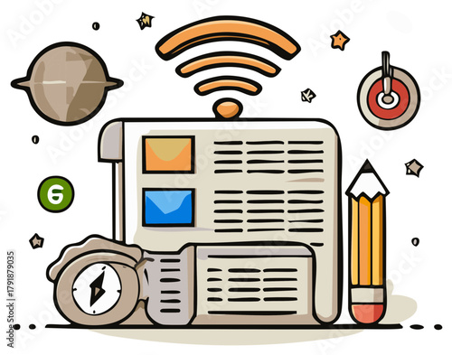 Conceptual cartoon of global online journalism and digital media with newspaper and wifi symbol