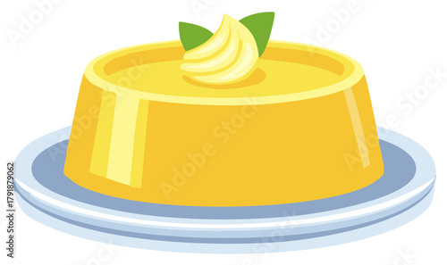 Yellow pudding or flan dessert with cream and mint garnish vector illustration