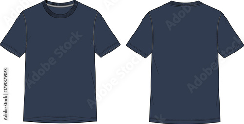 Navy Blue Basic Crew Neck T-Shirt Technical Fashion Flat Sketch, Short Sleeves, Stitching Details on Hem and Collar, Front and Back View, Classic Unisex Apparel Vector Template.