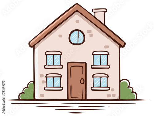Cartoon illustration of a house with a gable roof, chimney, door, four square windows, and a round window