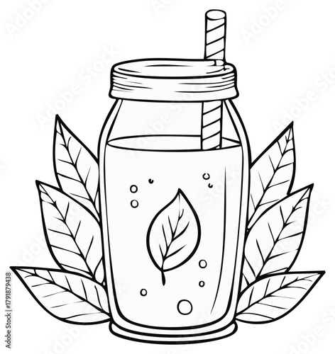 Outline drawing of mason jar with straw, filled with liquid and decorated with leaves, simple graphic style