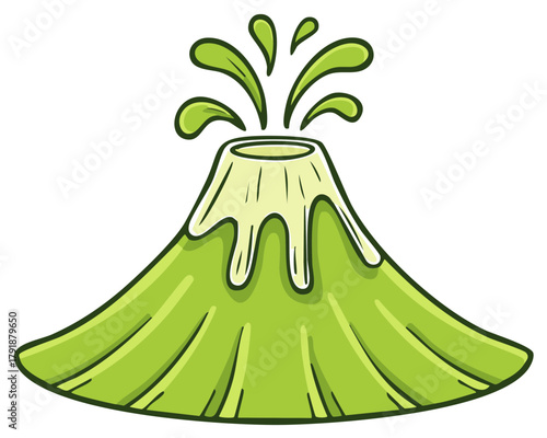 Cute green cartoon volcano erupting with a funny splash of goo. An isolated vector illustration of a fantasy mountain.