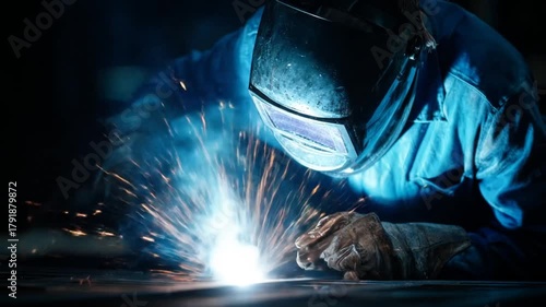 Professional welder working with bright sparks flying in a dark industrial environment, showcasing skilled metalwork and heavy manufacturing.