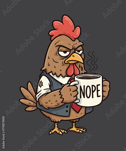 Funny grumpy roaster chicken drink coffee