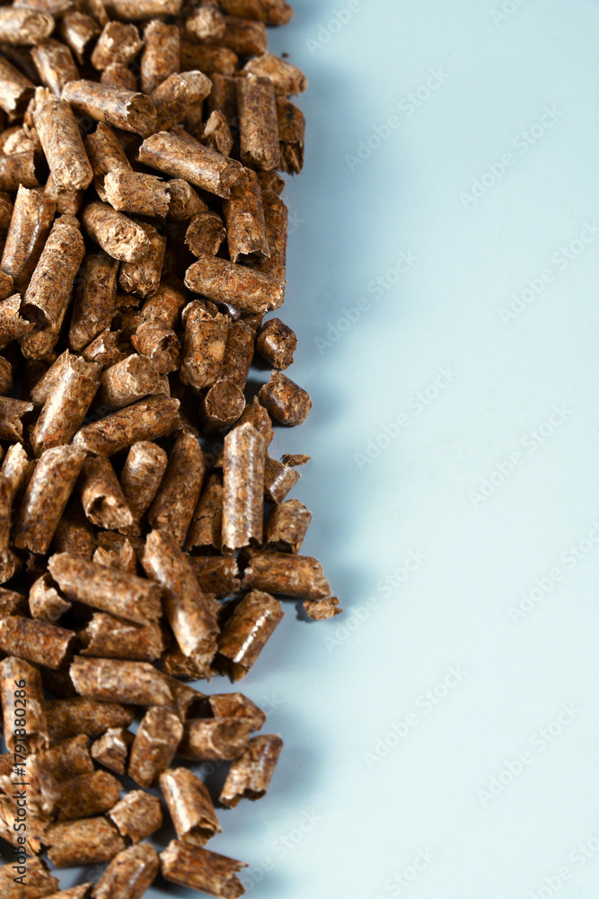 Fototapeta premium Wood pellets biomass closeup, creating renewable energy for heating homes and promoting environmental sustainability
