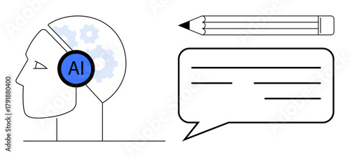 Human profile with AI gears, large pencil, and speech bubble symbolizing AI text creation. Ideal for technology, innovation, education, communication, automation creativity research. Simple flat