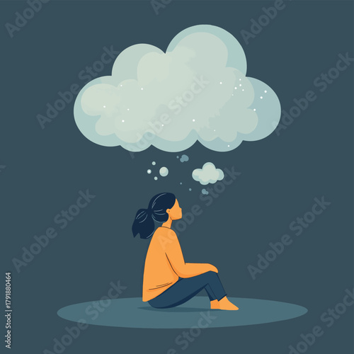 Cartoon vector of a person sitting under a thought cloud symbolizing contemplation and mental health awareness   , vector style simple color