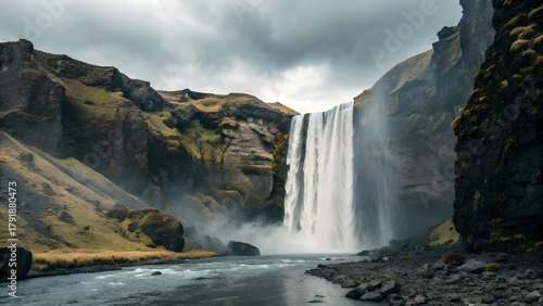 Icelandic Waterfall Flowing Between Black Volcanic Cliffs Showcasing The Dramatic Power Of Nature, Pristine Wilderness, And The Striking Contrast Of White Water Against Dark Basalt Rock