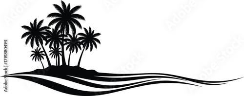 Tropical island silhouette, palm tree vector, ocean wave sketch, black and white beach art, summer nature scene, travel design element