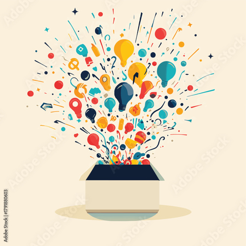 A gift box with many things bursting forth, bursting out new ideas, new thoughts and so on.   , vector style simple color