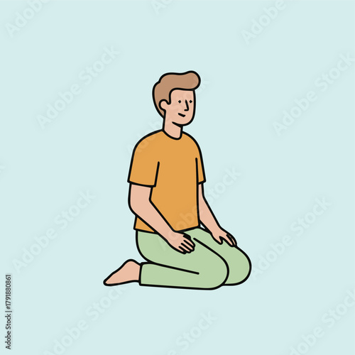 Kneeling in Reflection

A figure gracefully kneeling with hands resting on thighs, bold vector lines, posture showing grounded movement and quiet energy.
