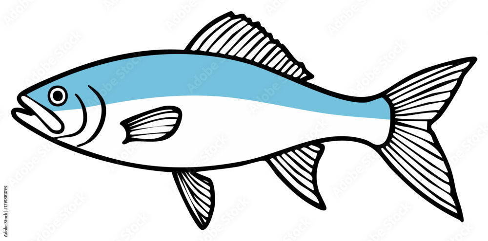 Fototapeta premium Stylized blue fish drawing isolated marine animal symbol side view