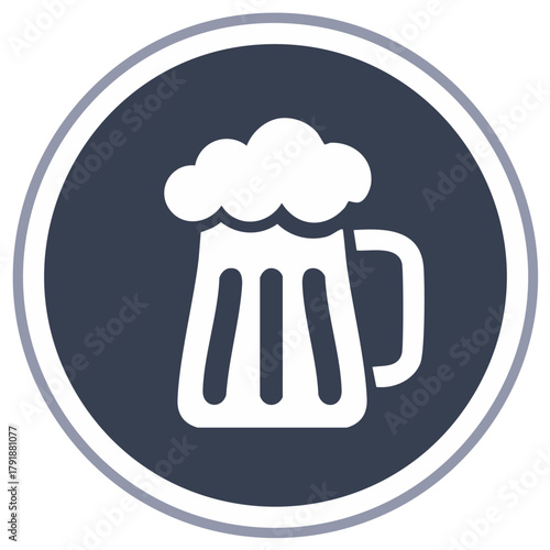 Beer mug icon with foamy head inside a circular graphic symbol for pubs and beverages