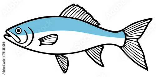 Stylized blue fish drawing isolated marine animal symbol side view