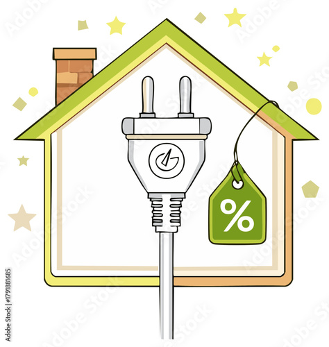 Home electrical plug with percentage tag, representing energy savings or discounts on utilities