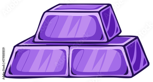 Stack of shiny purple ingots or precious metal bars in a cartoon illustration style