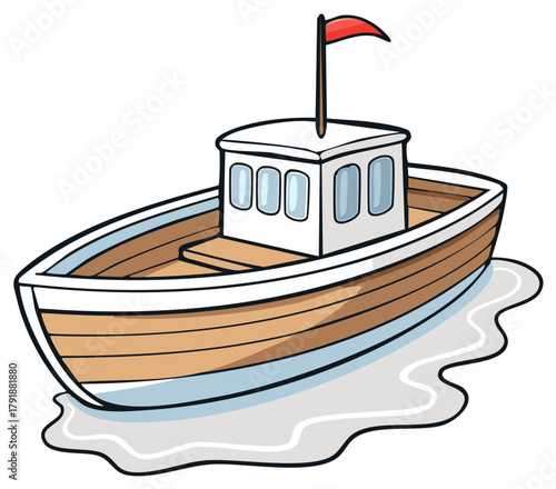 Cartoon illustration of a small wooden fishing boat floating on the water with a red flag