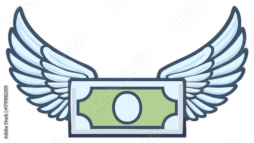 Cartoon style illustration of a green banknote with stylized white wings