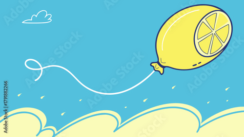 Lemon balloon flying in the sky illustration, summer theme, cute lemon fruit, bright and cheerful design