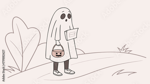 Cute ghost halloween costume trick or treating with candy bucket vector illustration drawing design art