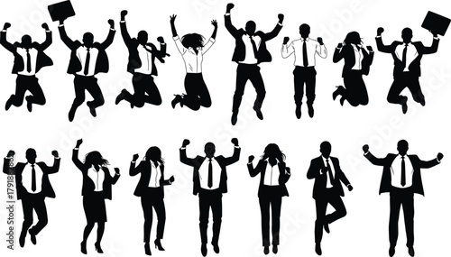 Set of Happy Business People Jumping Silhouette Vector Collection, Celebrating Success, Achievement, and Victory, Men and Women Professionals, Black Figures Isolated on White Background.