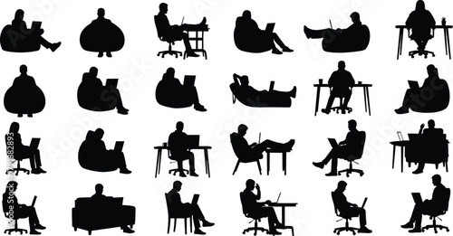 Set of People Working on Laptops Silhouette Icons, Remote Work, Diverse Poses, Home Office, Flexible Seating, Bean Bag, Desk Chair, Vector Graphic Collection, Isolated Business Elements.