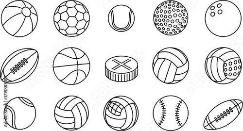 Set of Various Sports Balls Line Icons, Vector Outline Collection for Basketball, Football, Baseball, Tennis, Volleyball, Bowling, and Beach Games Equipment Black