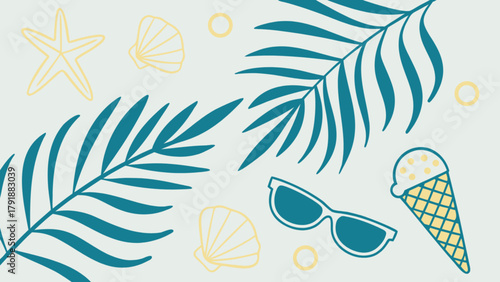 Summer vacation beach theme with palm leaves seashells starfish sunglasses and ice cream vector illustration