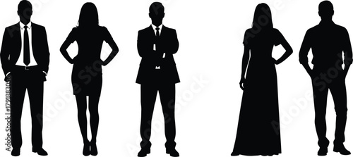 Silhouettes of people, diverse clothing styles, business and casual attire, confident posture, standing figures, fashion concept, identity, gesture icons, vector design, character modeling, stance
