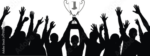 Silhouette of Victorious Team Holding Champion Trophy Celebrating Achievement, Cheering Crowd Raising Hands in Unity, Success and Win Concept Vector Illustration for Competition Awards