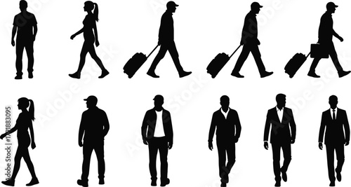 Silhouettes of people, walking figures, casual and formal attire, travel scene, human posture, diverse clothing, public movement, vector icons, lifestyle, motion, design, urban