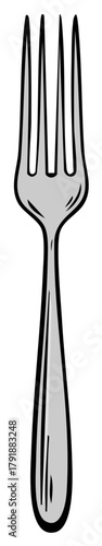 A simple silver colored four pronged dining fork illustration with black outline