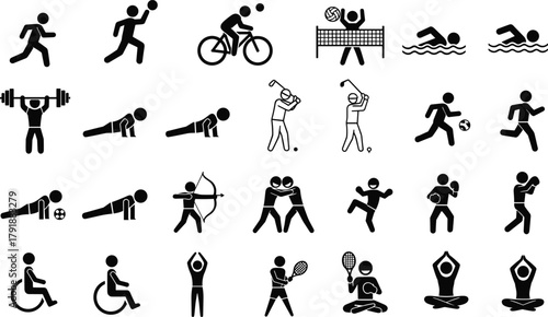 Sports and exercise icon set, silhouette vector collection, physical activity poses, fitness and training symbols, athletic movement, black and white graphic design