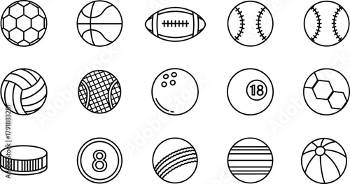 Sports Balls Line Icon Set Vector, Outline Collection for Football, Basketball, Baseball, Volleyball, Billiards, Bowling, and Hockey Game Equipment Black and White