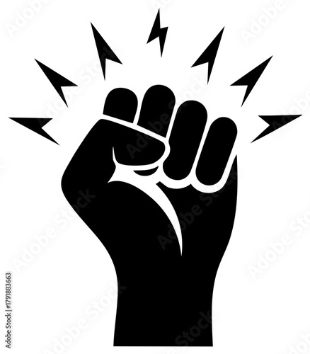 Black clenched fist raised high, surrounded by energy sparks, representing power, revolution, and resistance.