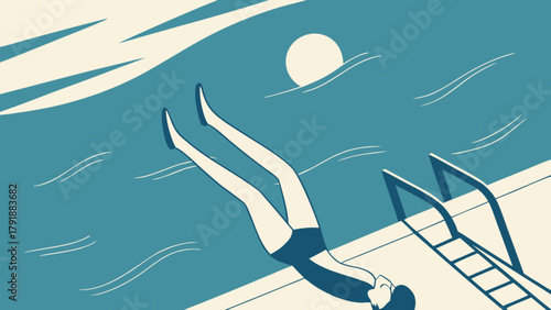 Swimming pool diving summer vacation fun water activity leisure sport recreation lifestyle illustration art