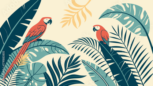 Tropical parrot illustration with jungle leaves and exotic birds vector design for wallpaper background