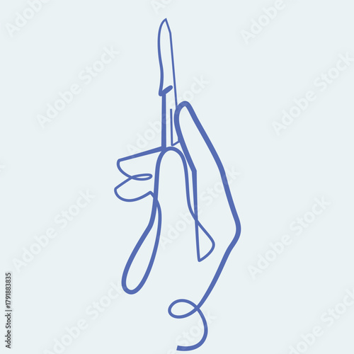 Surgical Gloves hold a scalpel one line drawing. Surgical Gloves hold a scalpel single line illustration. Surgical Gloves hold a scalpel minimalist line art