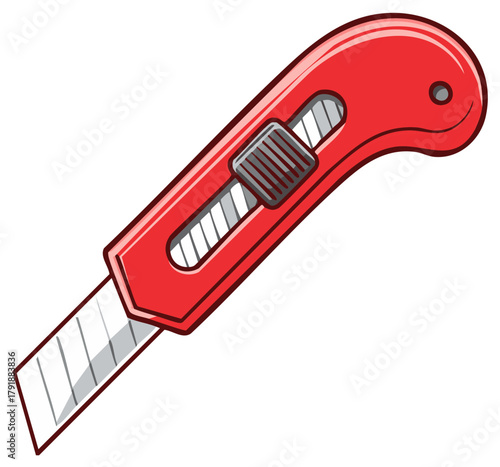 Red utility knife vector illustration. Paper cutter or box cutter for construction and office.