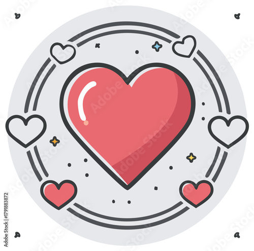 Valentine's Day Heart with Circle Illustration, Red Heart, Hearts, and Star Symbols for Love Concept