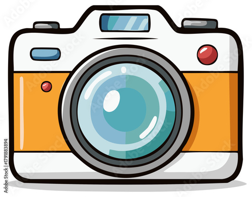 Cartoon illustration of a colorful photo camera with lens and flash design.
