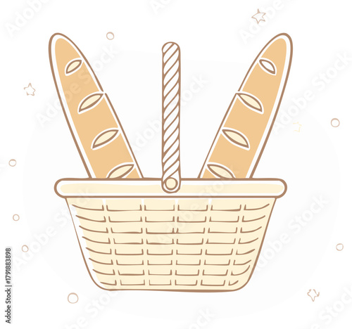 Two Baguettes in a Woven Basket with Handle Ready for a Picnic Lunch