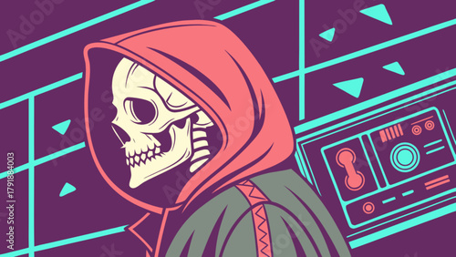 Retro wave grim reaper skull with hoodie vector art illustration for halloween and spooky themes design art