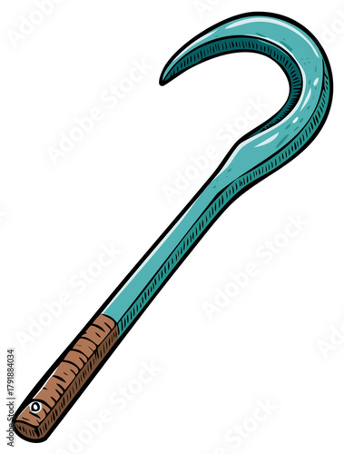 Cartoonish Cyan Harvesting Sickle with Wooden Handle Graphic Design Element